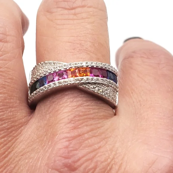 Princess Cut Multicolor Rainbow 925 Sterling Silver Multicolor CZ Twist Ring! - Picture 6 of 8